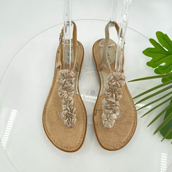 Born Women Sandal 10 Floral Strappy Slingback Flat Beige Leather Bridal Shoe - Picture 1 of 13